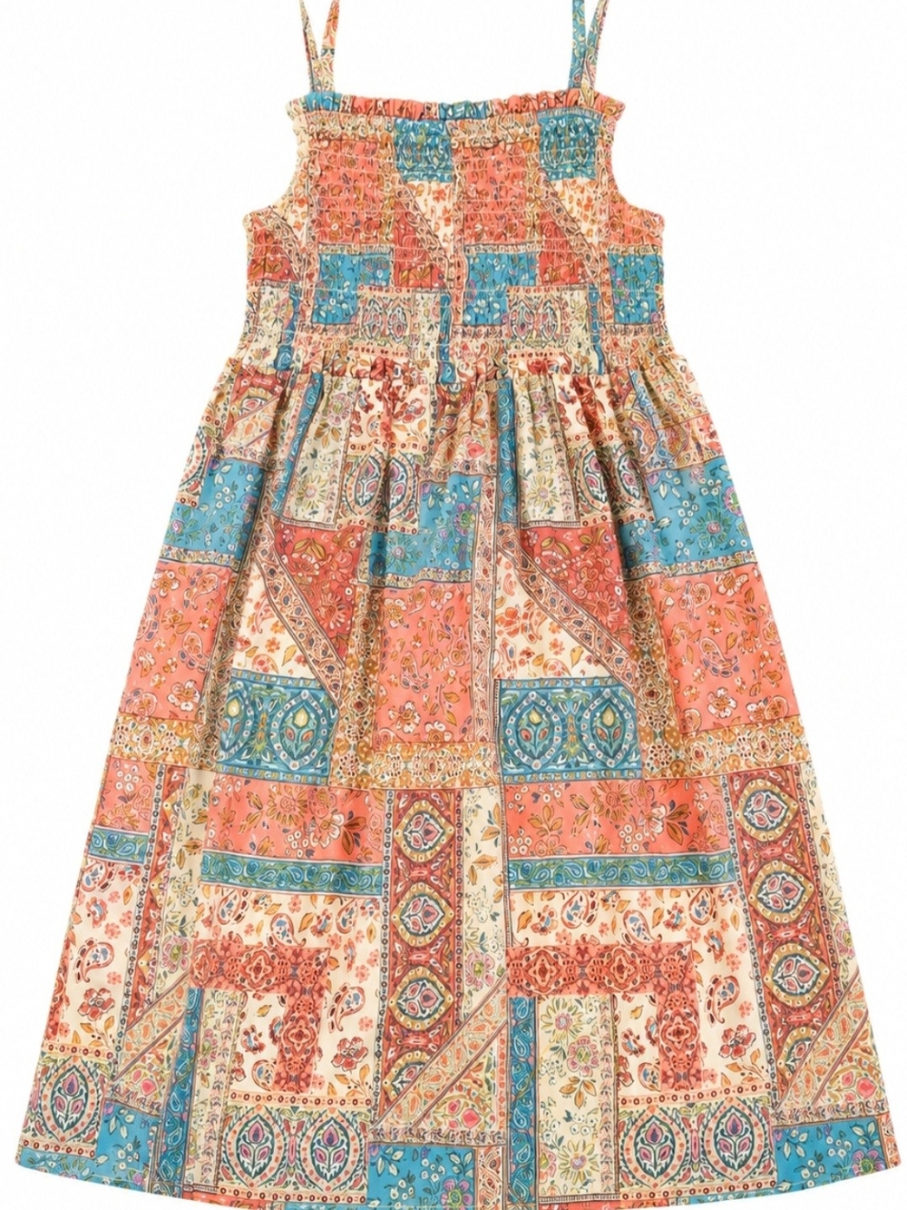 O'Neill Girls Coral and Teal Boho Patchwork Maxi Dress Size Med
